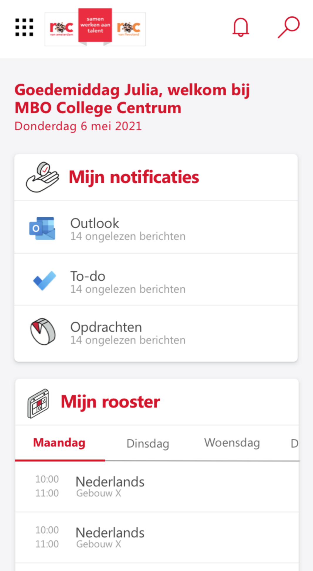 Screenshot van ROC van Amsterdam met integraties